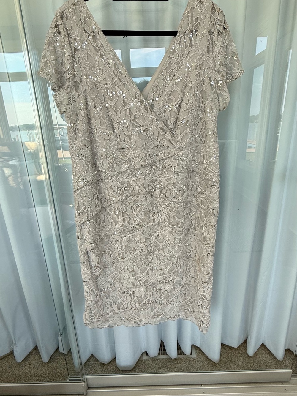 Scarlett Sequin Lace V-Neck Cocktail Dress in Light Taupe